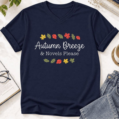 Autumn Breeze & Novels Please Ultra-Soft V-Neck | Cozy Book Lover Gift Navy