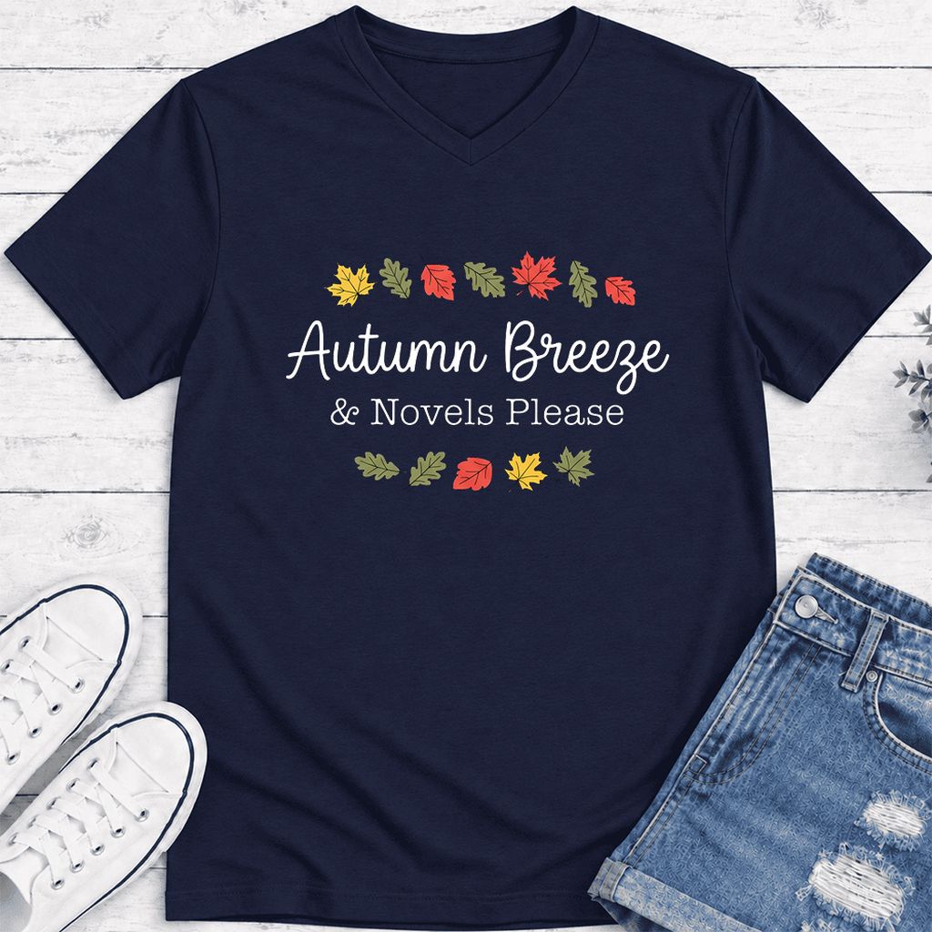 Autumn Breeze & Novels Please Ultra-Soft V-Neck | Cozy Book Lover Gift Navy