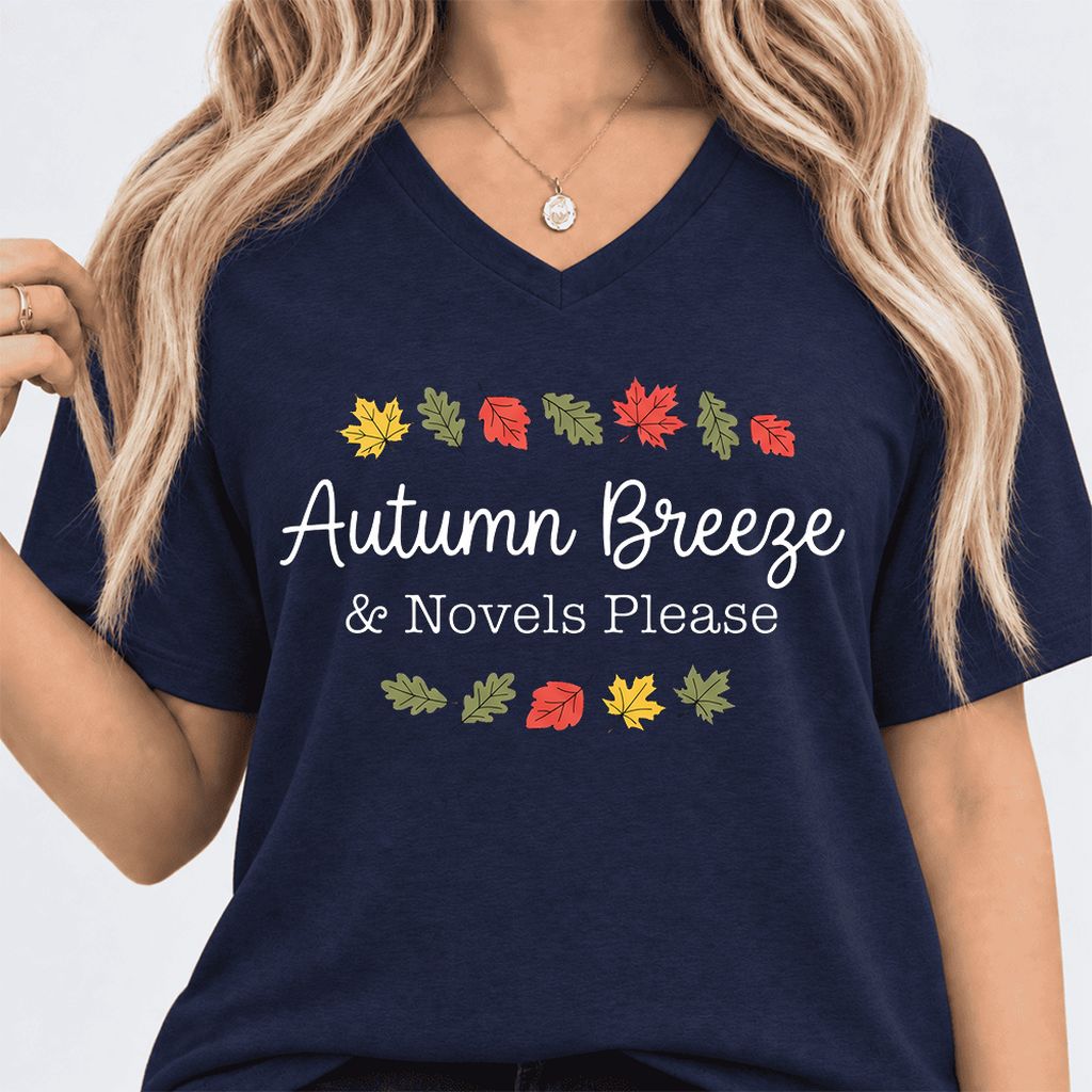 Autumn Breeze & Novels Please Ultra-Soft V-Neck | Cozy Book Lover Gift Navy