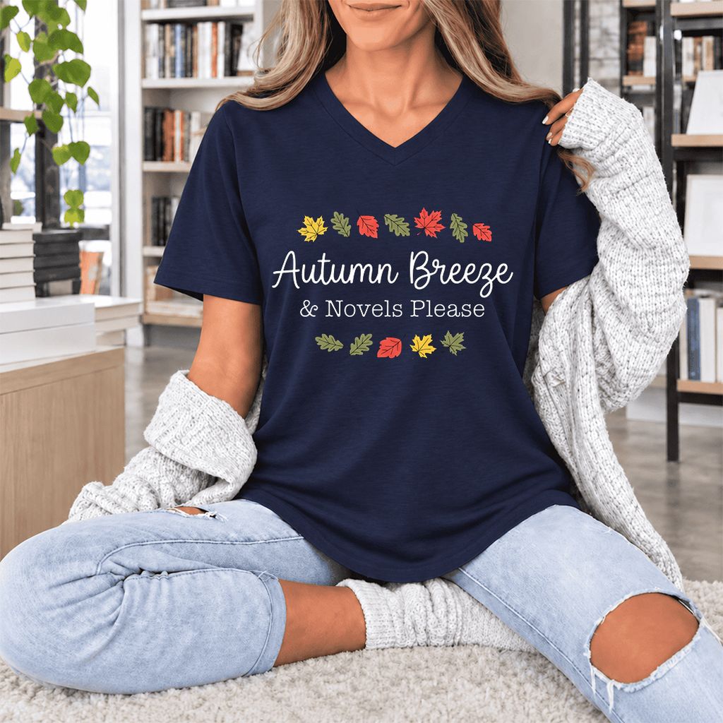 Autumn Breeze & Novels Please Ultra-Soft V-Neck | Cozy Book Lover Gift Navy