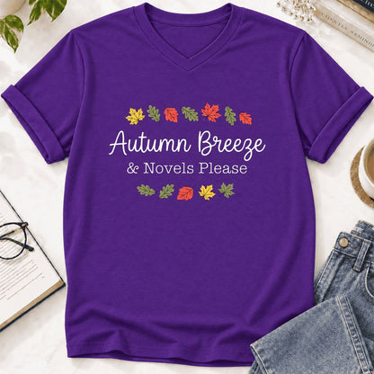 Autumn Breeze & Novels Please Ultra-Soft V-Neck | Cozy Book Lover Gift Team Purple