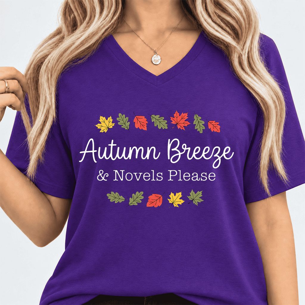 Autumn Breeze & Novels Please Ultra-Soft V-Neck | Cozy Book Lover Gift Team Purple