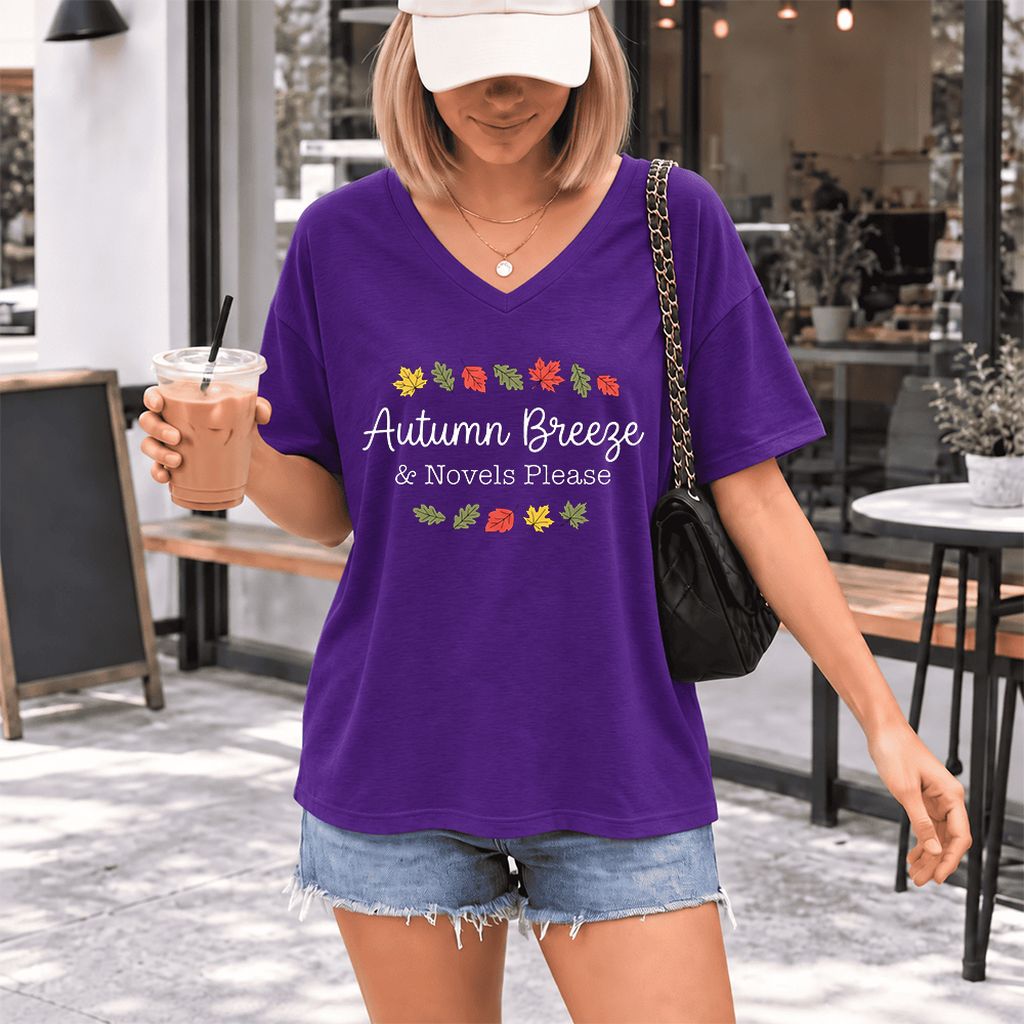 Autumn Breeze & Novels Please Ultra-Soft V-Neck | Cozy Book Lover Gift Team Purple