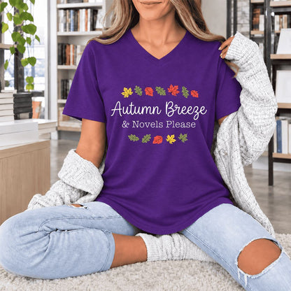 Autumn Breeze & Novels Please Ultra-Soft V-Neck | Cozy Book Lover Gift Team Purple
