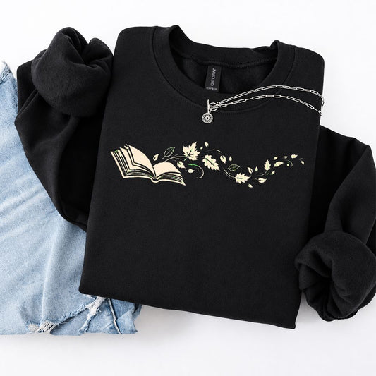 Open Book With Leaves Crewneck Sweatshirt | Reading Life Book Lover Gift Black