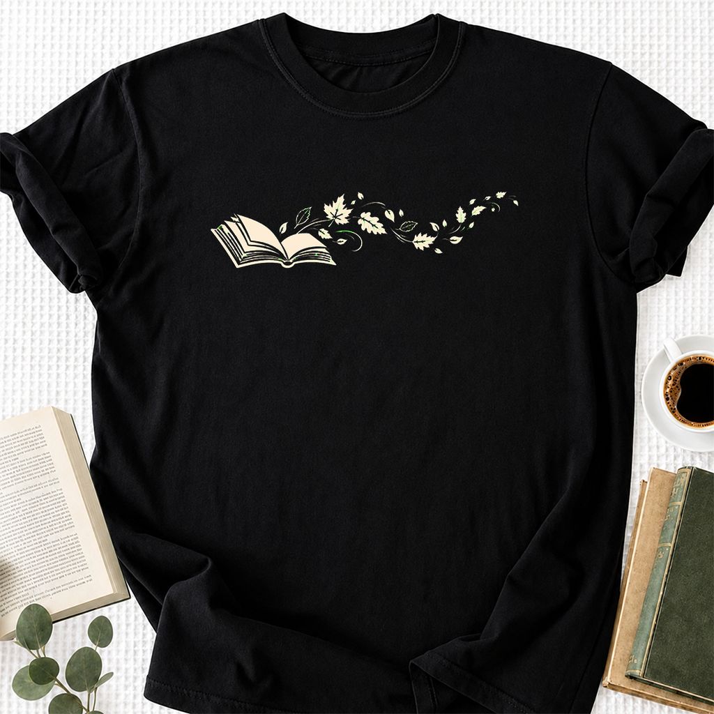 Open Book With Leaves Printed T-Shirt | Reading Life Book Lover Gift Black
