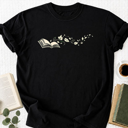 Open Book With Leaves Printed T-Shirt | Reading Life Book Lover Gift Black