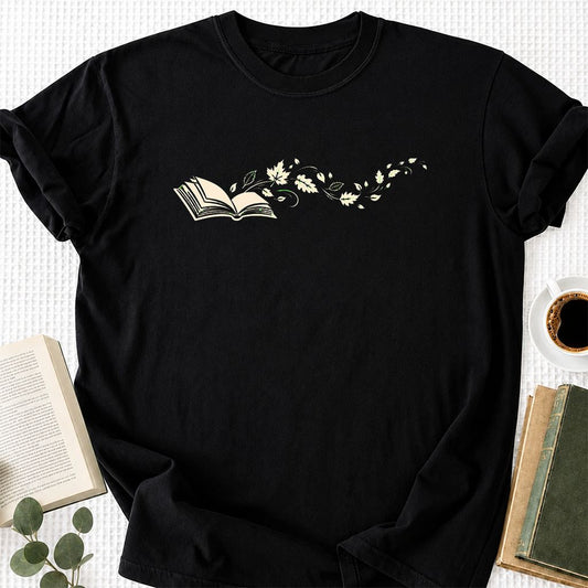 Open Book With Leaves Printed T-Shirt | Reading Life Book Lover Gift Black