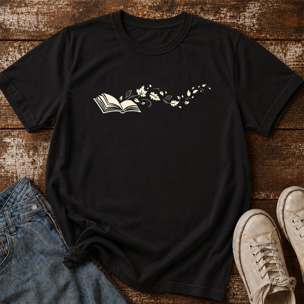 Open Book With Leaves Printed T-Shirt | Reading Life Book Lover Gift Black