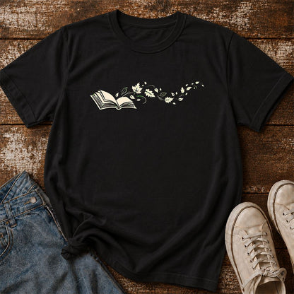 Open Book With Leaves Printed T-Shirt | Reading Life Book Lover Gift Black