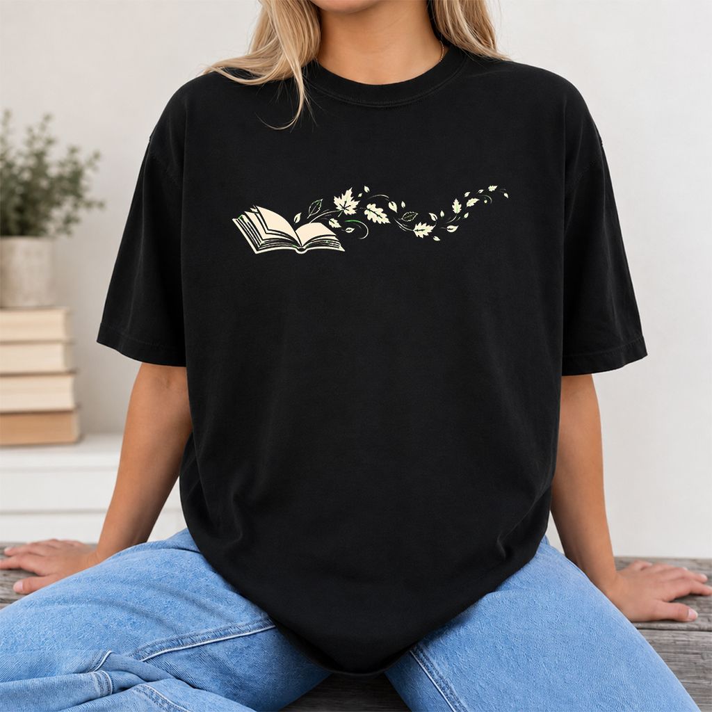 Open Book With Leaves Printed T-Shirt | Reading Life Book Lover Gift Black