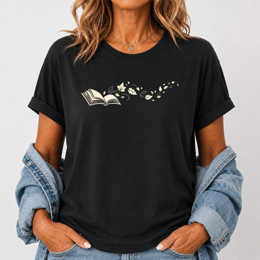 Open Book With Leaves Printed T-Shirt | Reading Life Book Lover Gift Black