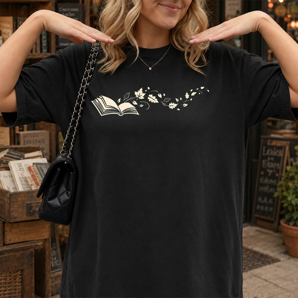 Open Book With Leaves Printed T-Shirt | Reading Life Book Lover Gift Black
