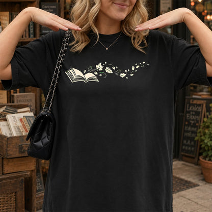 Open Book With Leaves Printed T-Shirt | Reading Life Book Lover Gift Black