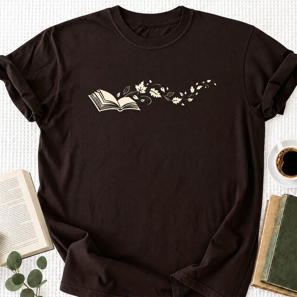 Open Book With Leaves Printed T-Shirt | Reading Life Book Lover Gift Dark Chocolate