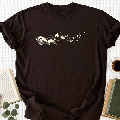 Open Book With Leaves Printed T-Shirt | Reading Life Book Lover Gift Dark Chocolate