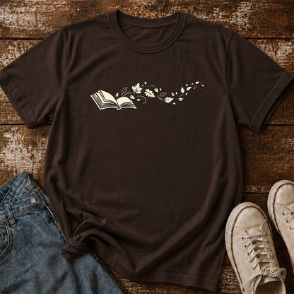 Open Book With Leaves Printed T-Shirt | Reading Life Book Lover Gift Dark Chocolate
