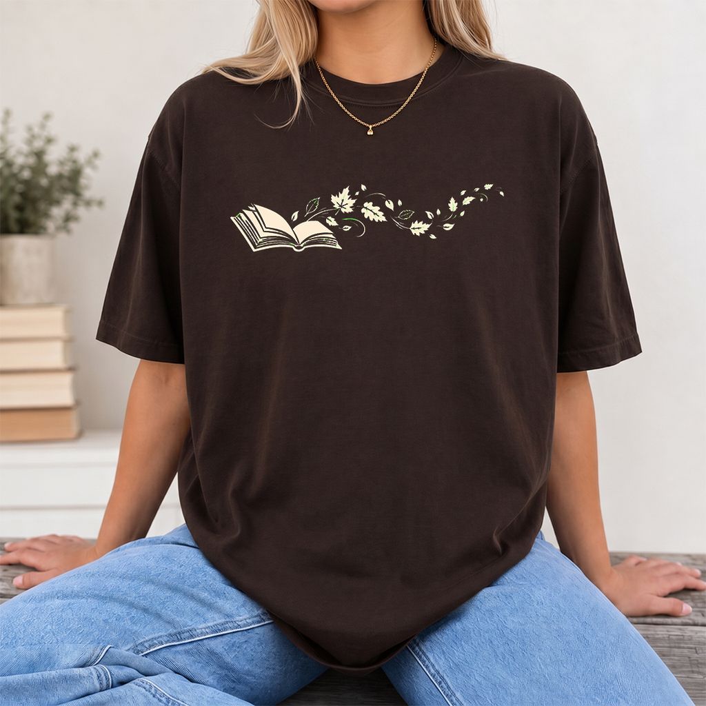 Open Book With Leaves Printed T-Shirt | Reading Life Book Lover Gift Dark Chocolate