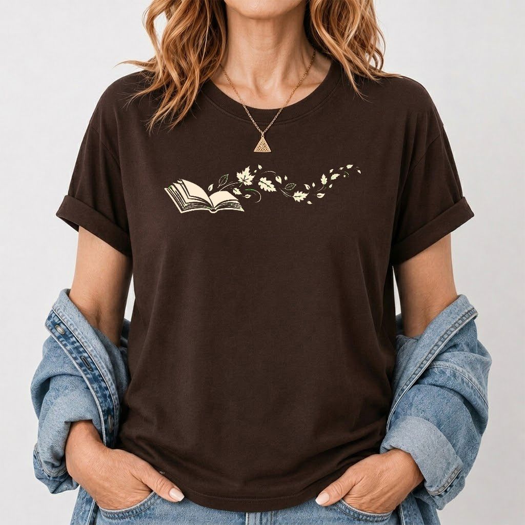 Open Book With Leaves Printed T-Shirt | Reading Life Book Lover Gift Dark Chocolate