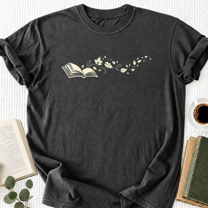 Open Book With Leaves Printed T-Shirt | Reading Life Book Lover Gift Dark Heather