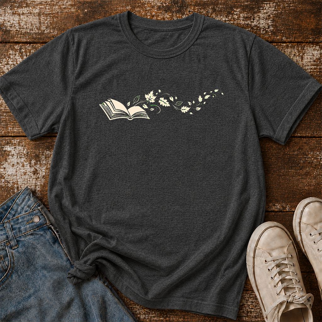 Open Book With Leaves Printed T-Shirt | Reading Life Book Lover Gift Dark Heather