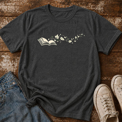 Open Book With Leaves Printed T-Shirt | Reading Life Book Lover Gift Dark Heather