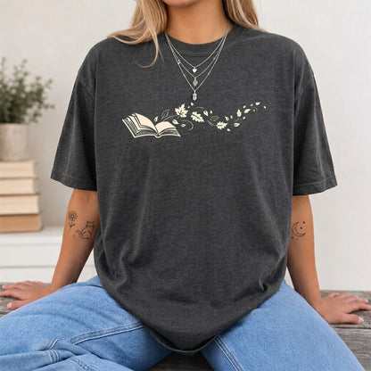 Open Book With Leaves Printed T-Shirt | Reading Life Book Lover Gift Dark Heather