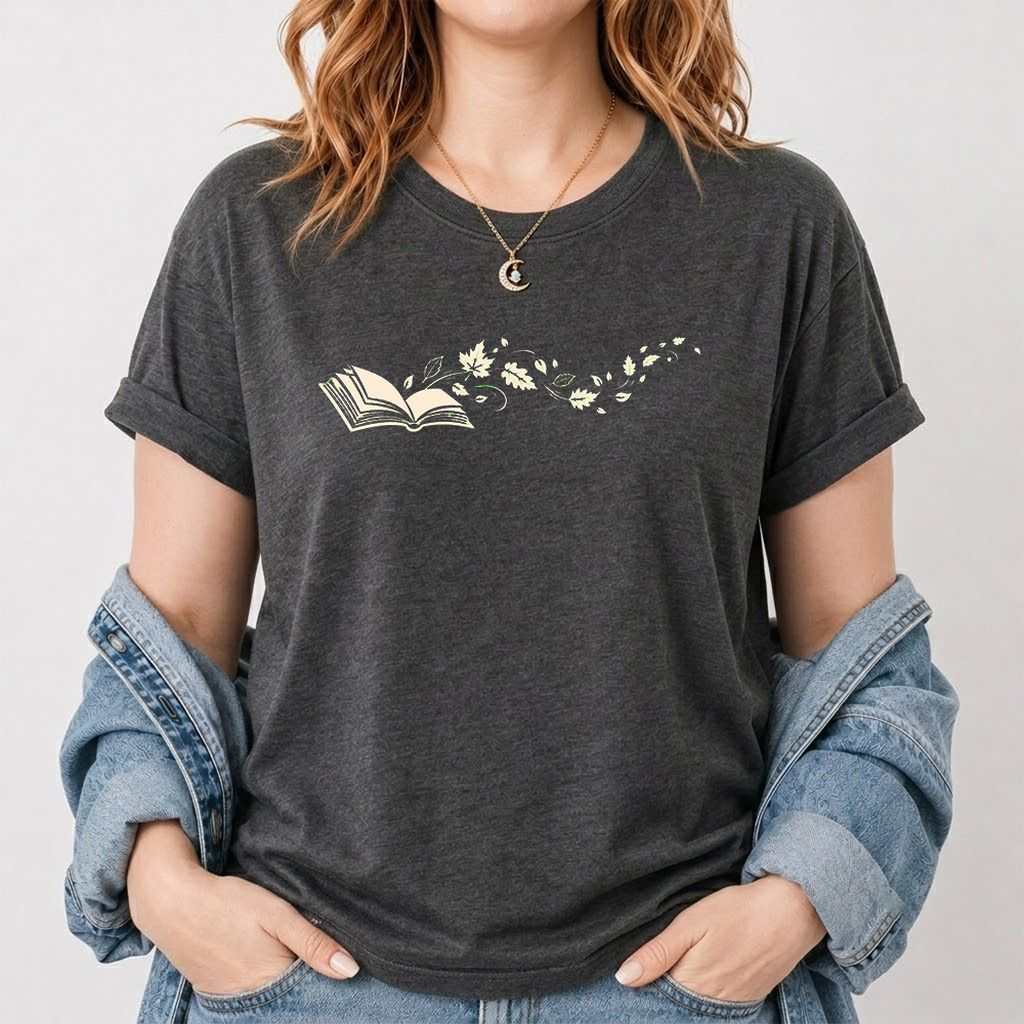 Open Book With Leaves Printed T-Shirt | Reading Life Book Lover Gift Dark Heather