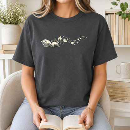 Open Book With Leaves Printed T-Shirt | Reading Life Book Lover Gift Dark Heather