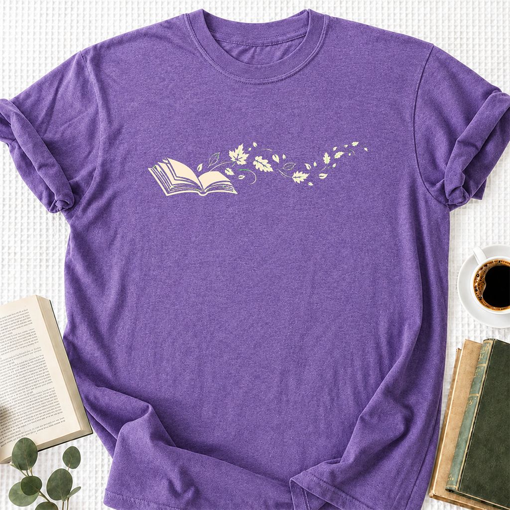 Open Book With Leaves Printed T-Shirt | Reading Life Book Lover Gift Heather Purple