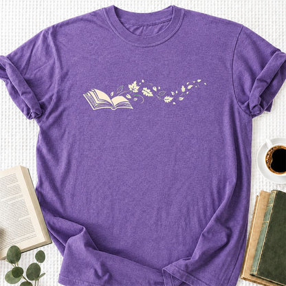Open Book With Leaves Printed T-Shirt | Reading Life Book Lover Gift Heather Purple