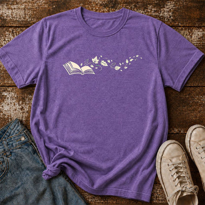 Open Book With Leaves Printed T-Shirt | Reading Life Book Lover Gift Heather Purple