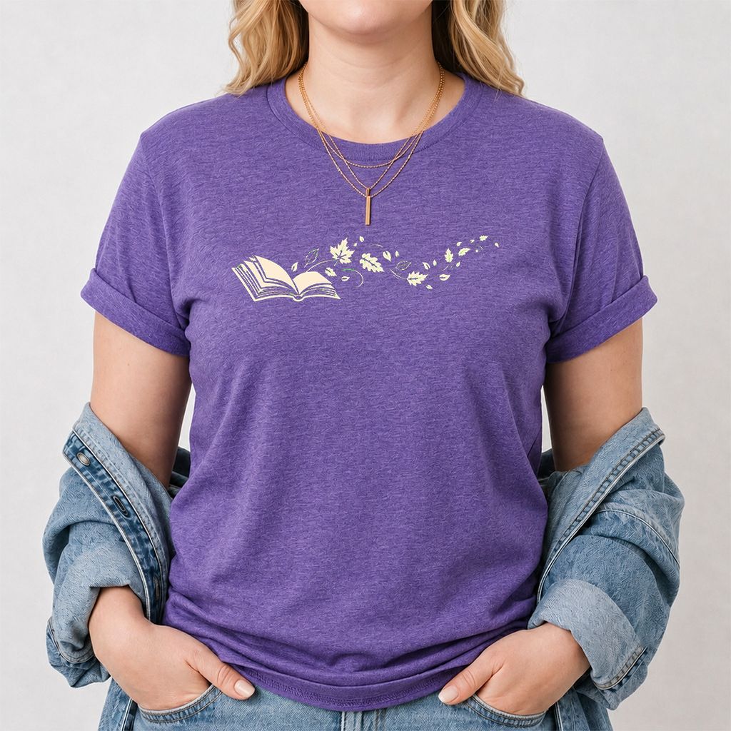 Open Book With Leaves Printed T-Shirt | Reading Life Book Lover Gift Heather Purple