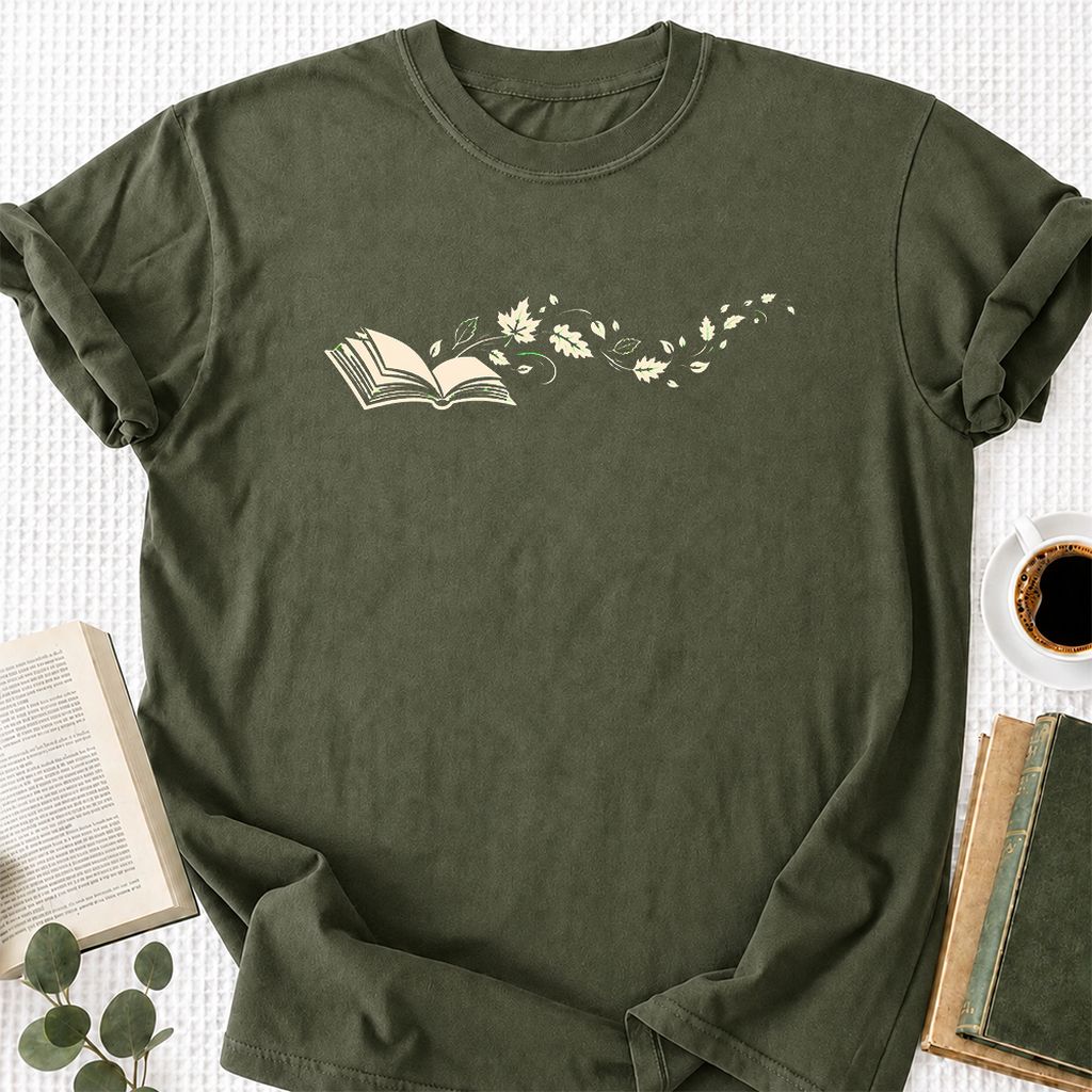 Open Book With Leaves Printed T-Shirt | Reading Life Book Lover Gift Military Green