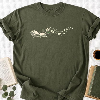 Open Book With Leaves Printed T-Shirt | Reading Life Book Lover Gift Military Green