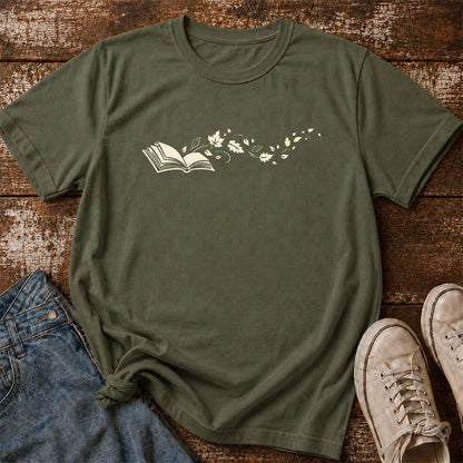 Open Book With Leaves Printed T-Shirt | Reading Life Book Lover Gift Military Green