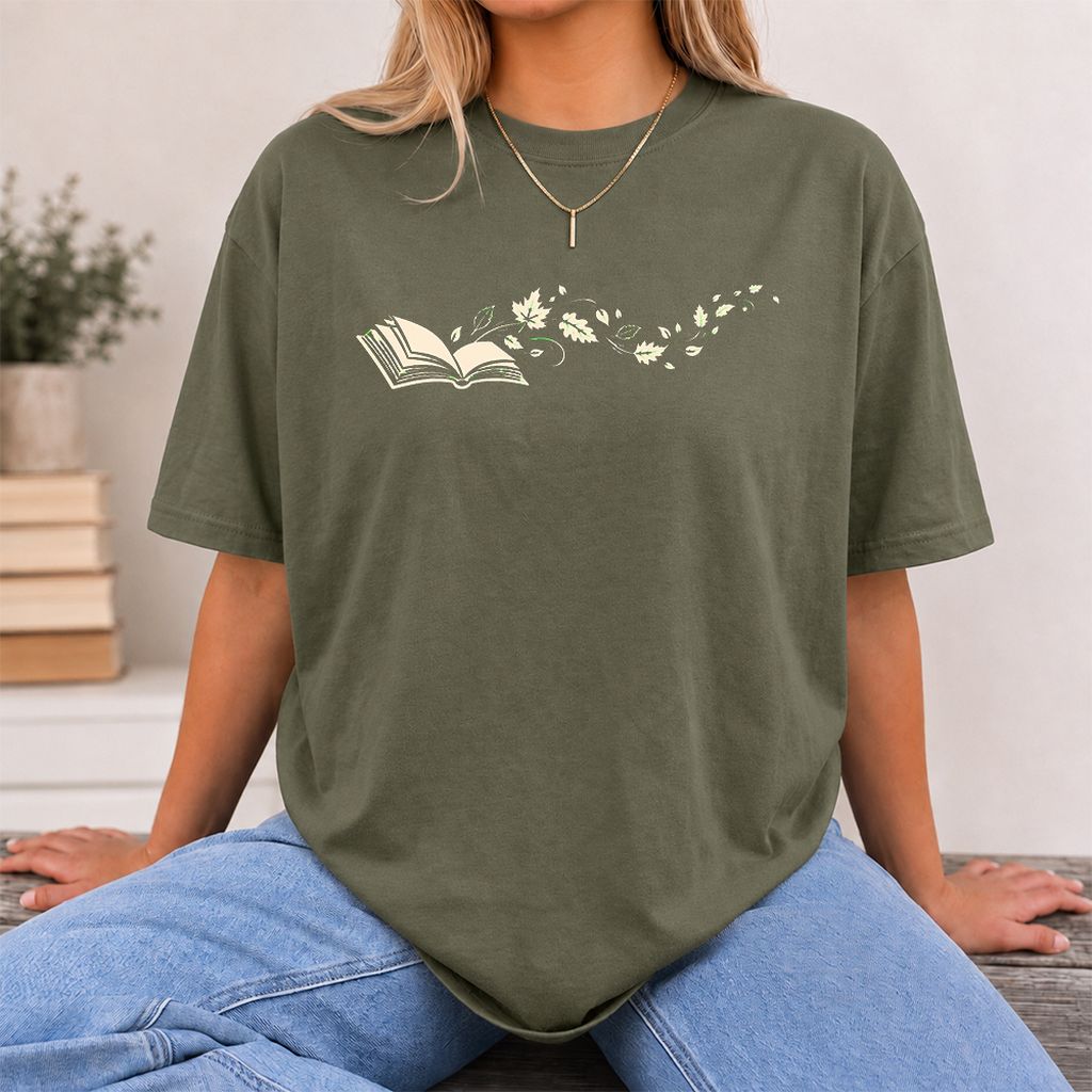Open Book With Leaves Printed T-Shirt | Reading Life Book Lover Gift Military Green