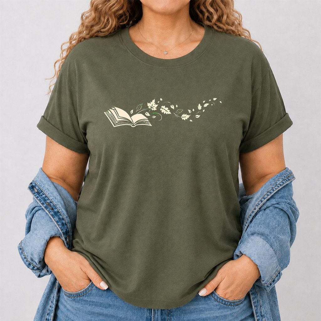 Open Book With Leaves Printed T-Shirt | Reading Life Book Lover Gift Military Green