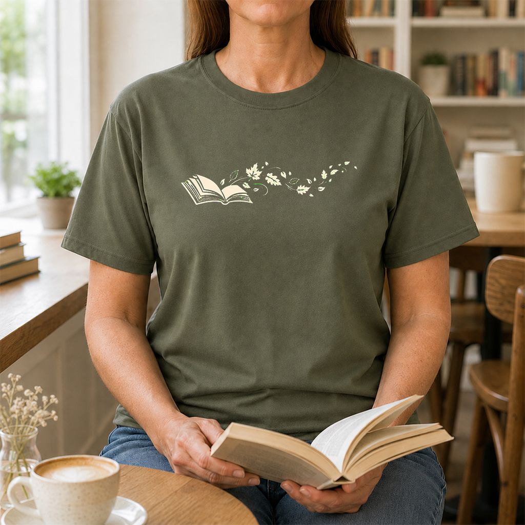Open Book With Leaves Printed T-Shirt | Reading Life Book Lover Gift Military Green