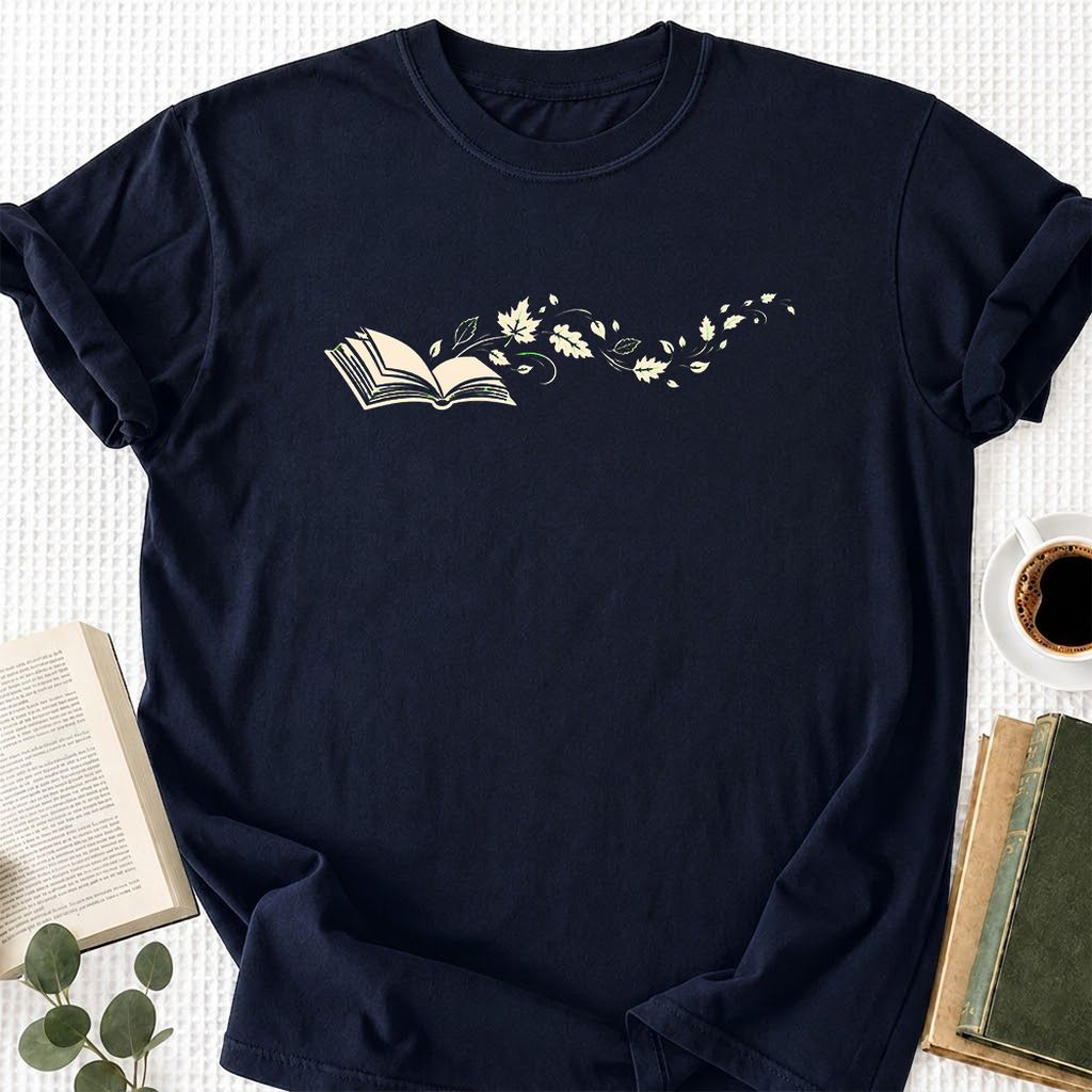Open Book With Leaves Printed T-Shirt | Reading Life Book Lover Gift Navy