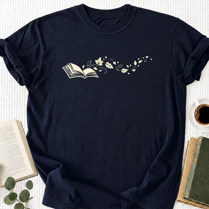 Open Book With Leaves Printed T-Shirt | Reading Life Book Lover Gift Navy