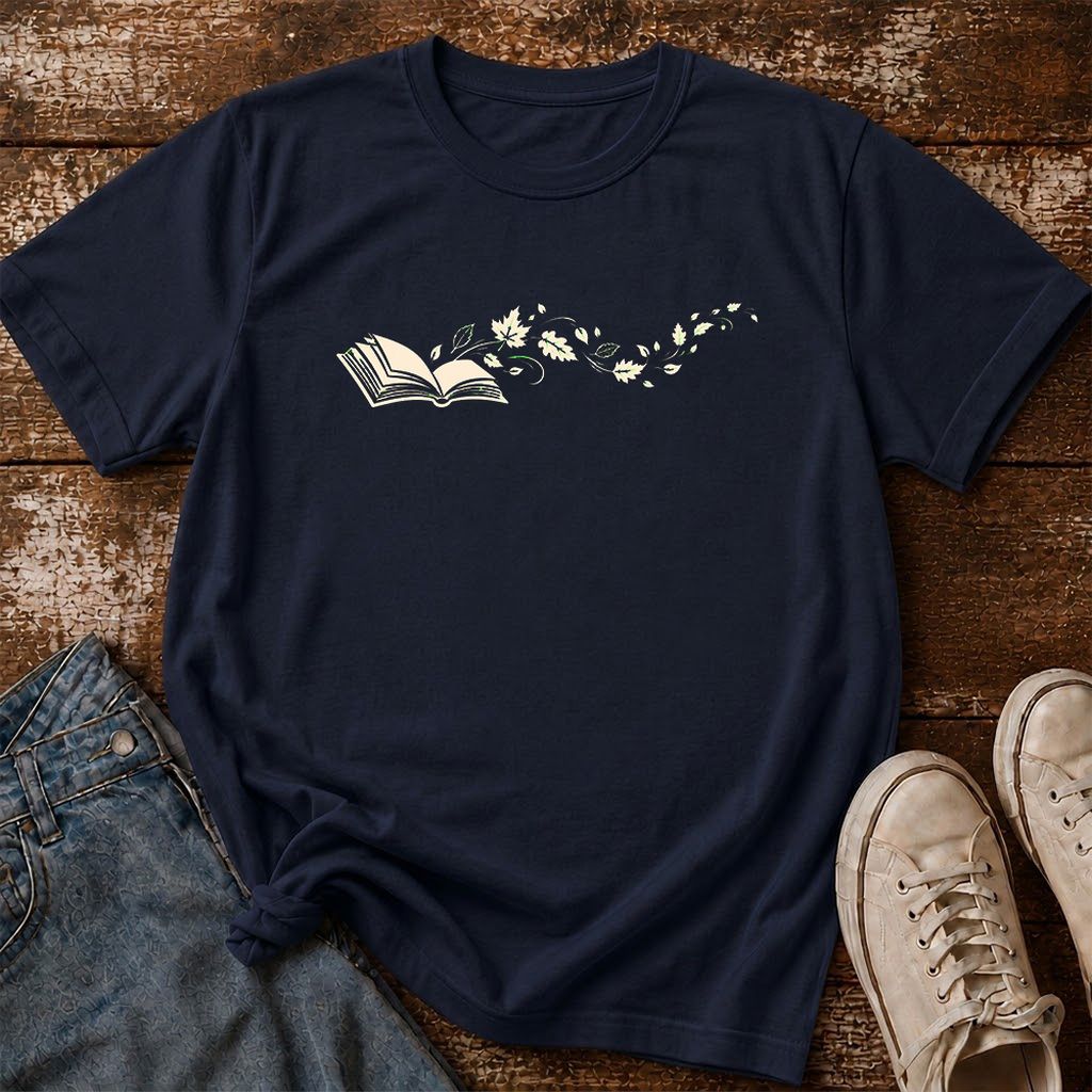 Open Book With Leaves Printed T-Shirt | Reading Life Book Lover Gift Navy