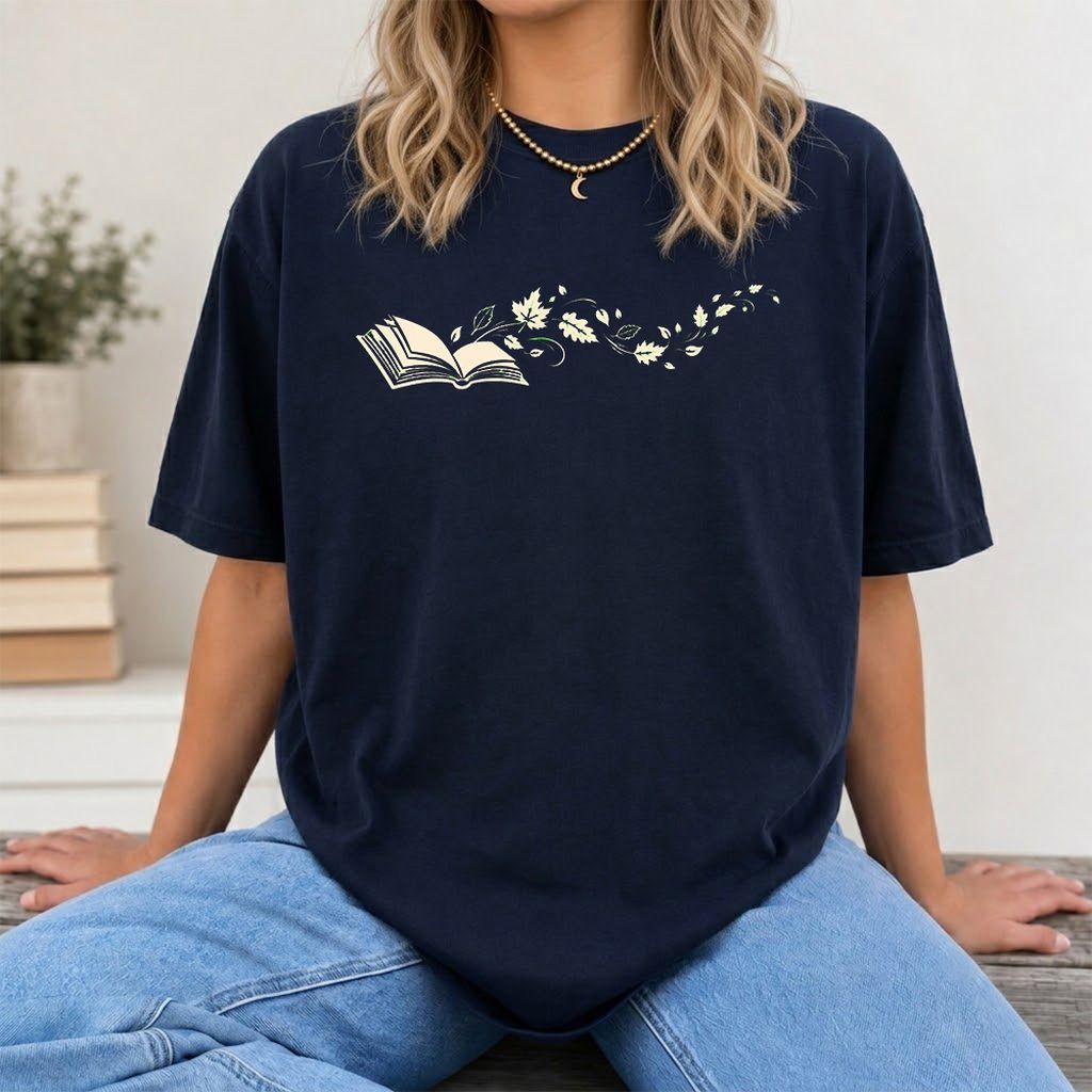 Open Book With Leaves Printed T-Shirt | Reading Life Book Lover Gift Navy