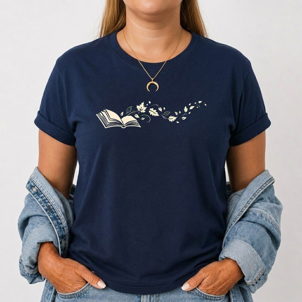 Open Book With Leaves Printed T-Shirt | Reading Life Book Lover Gift Navy