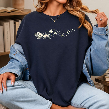 Open Book With Leaves Printed T-Shirt | Reading Life Book Lover Gift Navy