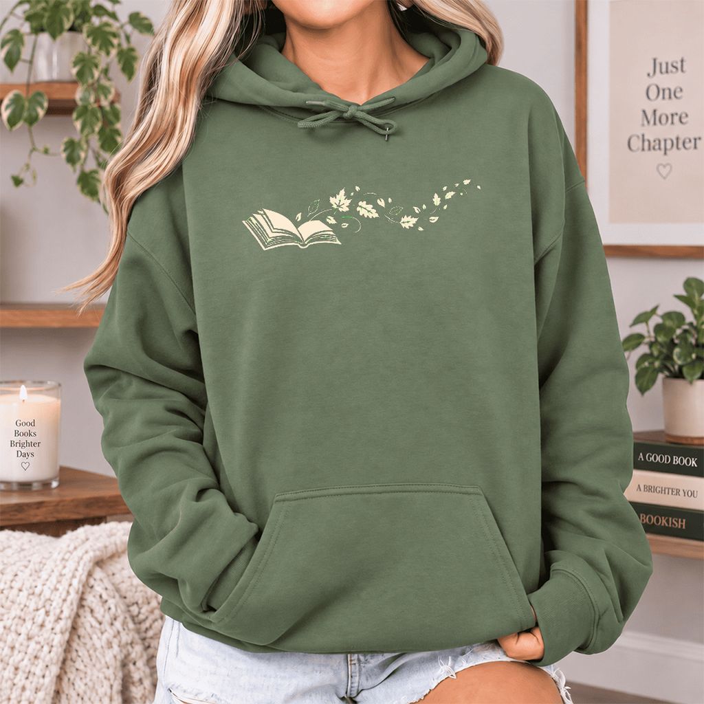 Open Book With Leaves Softstyle Hoodie | Reading Life Book Lover Gift Military Green