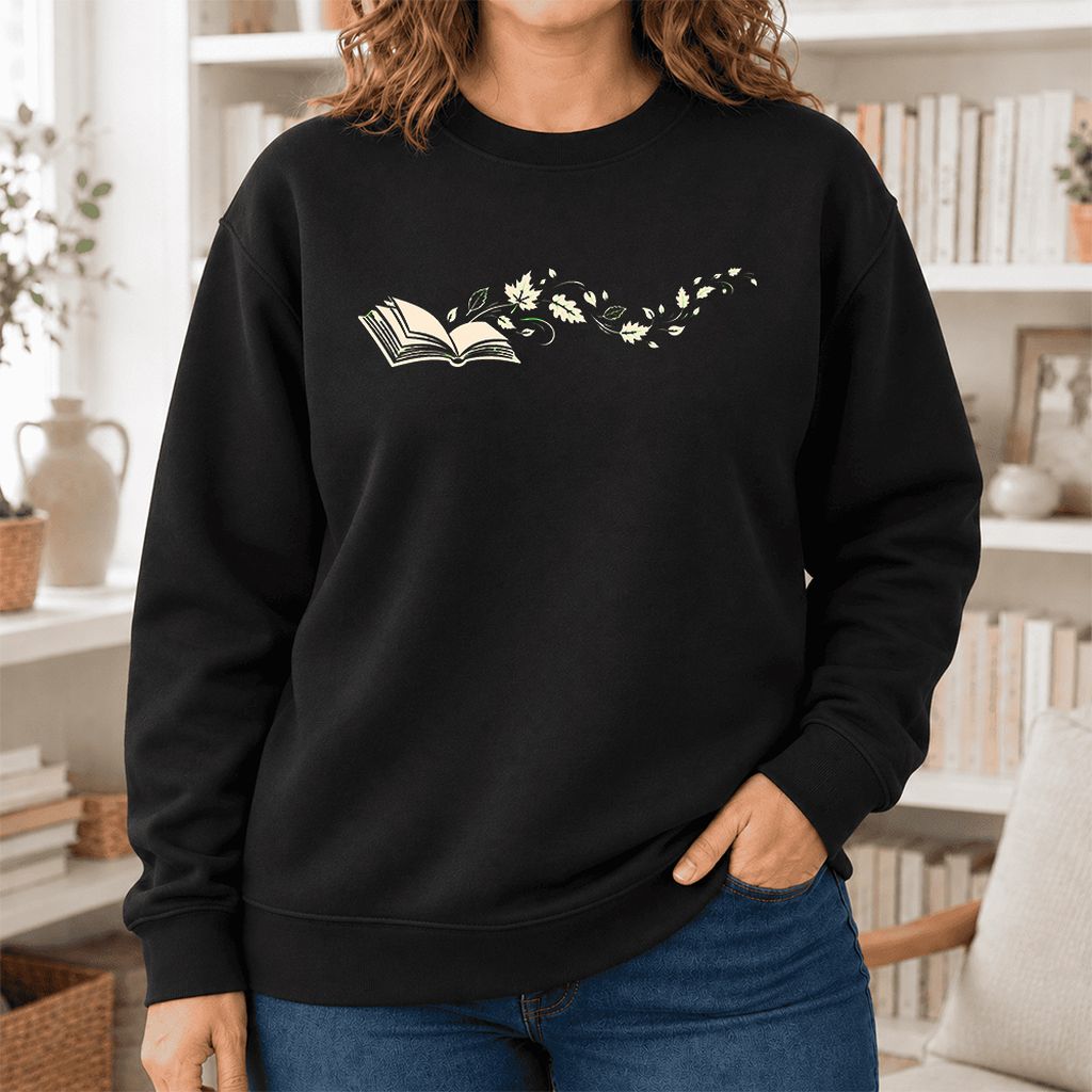 Open Book With Leaves Softstyle Sweatshirt | Reading Life Book Lover Gift Black