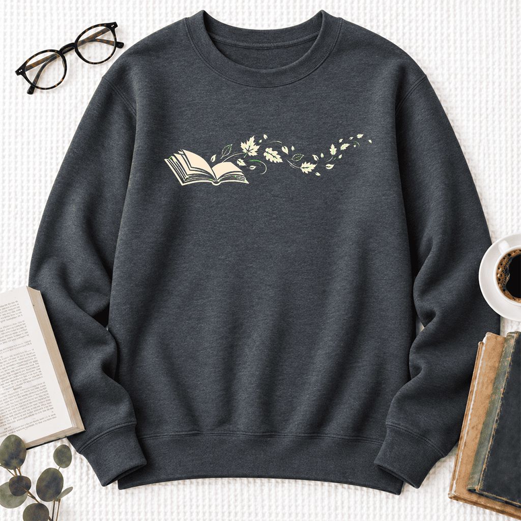 Open Book With Leaves Softstyle Sweatshirt | Reading Life Book Lover Gift Dark Heather