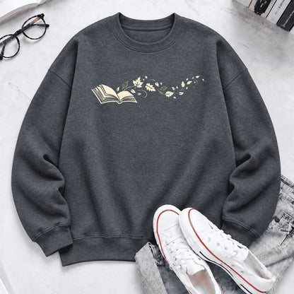 Open Book With Leaves Softstyle Sweatshirt | Reading Life Book Lover Gift Dark Heather