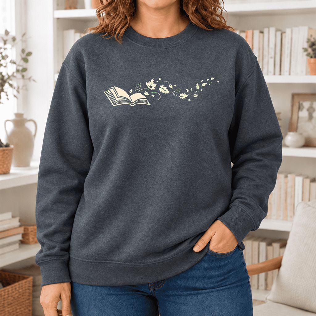 Open Book With Leaves Softstyle Sweatshirt | Reading Life Book Lover Gift Dark Heather
